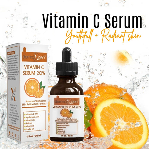 Bottle of 20% Vitamin C Facial Serum with Hyaluronic Acid and Vitamin E – natural anti-aging serum for wrinkles, hydration, and brightening.