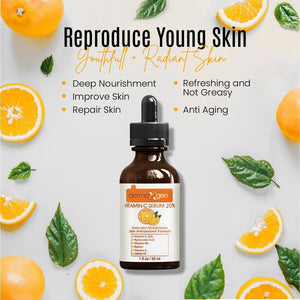 Bottle of 20% Vitamin C Facial Serum with Hyaluronic Acid and Vitamin E – natural anti-aging serum for wrinkles, hydration, and brightening.