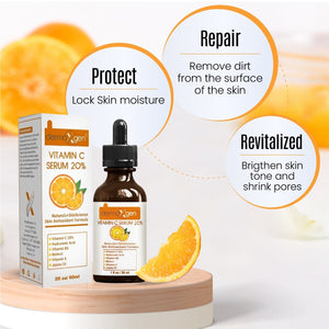 Bottle of 20% Vitamin C Facial Serum with Hyaluronic Acid and Vitamin E – natural anti-aging serum for wrinkles, hydration, and brightening.