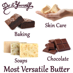 100% raw unrefined cocoa butter in glass jar, organic skincare and food grade