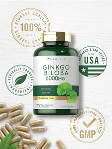 Ginkgo Biloba 6000mg | 200 Capsules |Brain Superfood