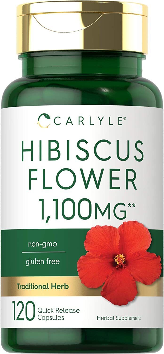 Bottle of Hibiscus Flower Capsules – 1,100 mg antioxidant herbal supplement for heart health, detox, and immune support – gluten-free, non-GMO, 120-day supply