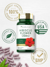 Load image into Gallery viewer, Bottle of Hibiscus Flower Capsules – 1,100 mg antioxidant herbal supplement for heart health, detox, and immune support – gluten-free, non-GMO, 120-day supply