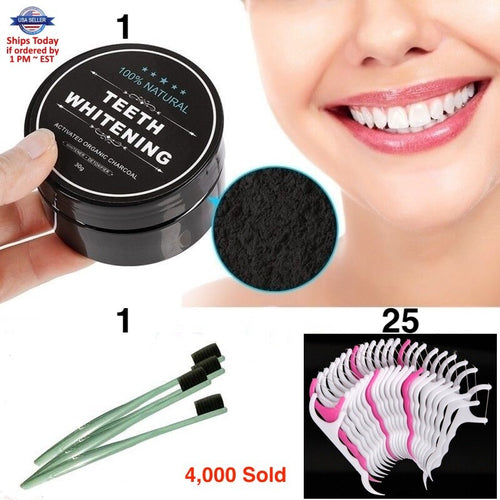 Charcoal Whitening Powder with Eco-Friendly Bamboo Toothbrush Dual-Action Flossers