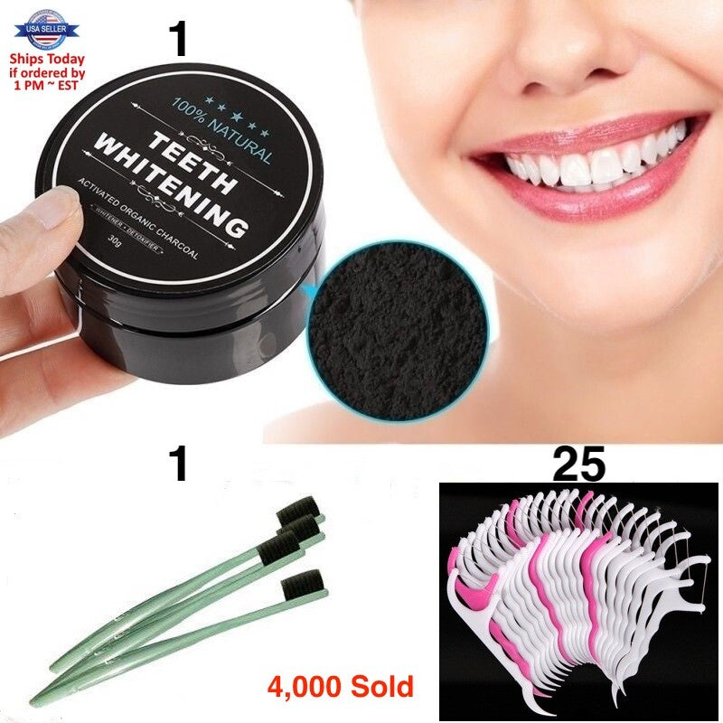 Charcoal Whitening Powder with Eco-Friendly Bamboo Toothbrush Dual-Action Flossers